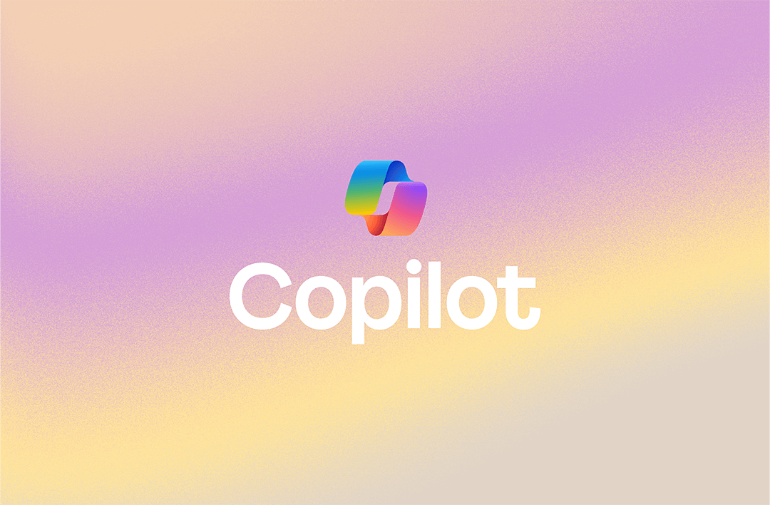 Colorful Copilot logo with a multi-colored, abstract symbol above the word "Copilot" in bold white text. The background features a gradient of purple, pink, and yellow tones.