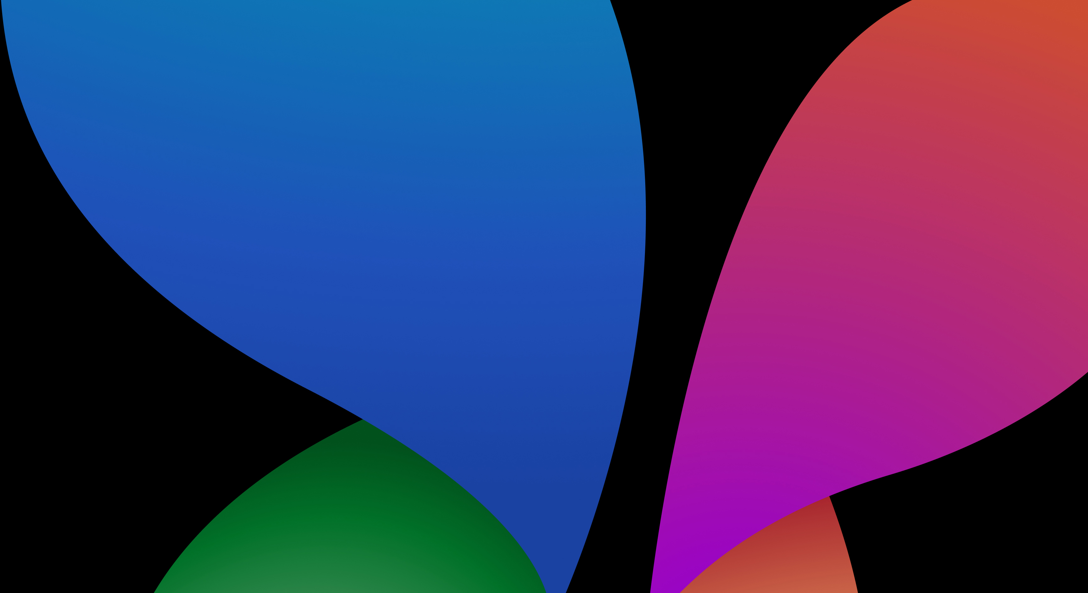 Abstract image with overlapping leaf-like shapes in vibrant colors on a black background. The left shape is green at the tip, transitioning to blue at the top. The right shape is orange at the bottom, transitioning to pink and purple at the top.