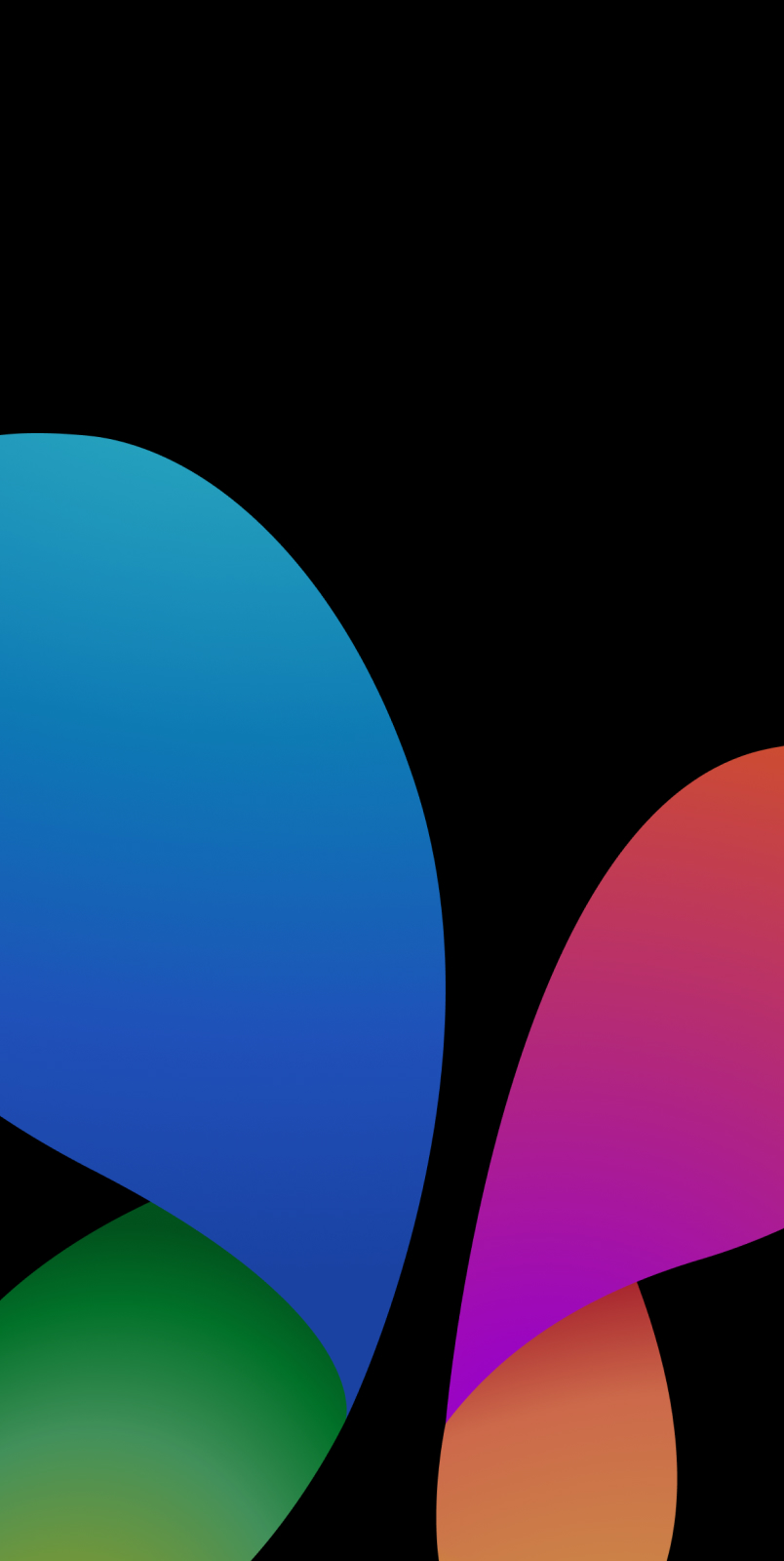 Abstract image with a black background featuring colorful curves. A large blue and green shape is on the left, while a smaller red, purple, and orange shape is on the right, both creating a dynamic and vibrant composition.