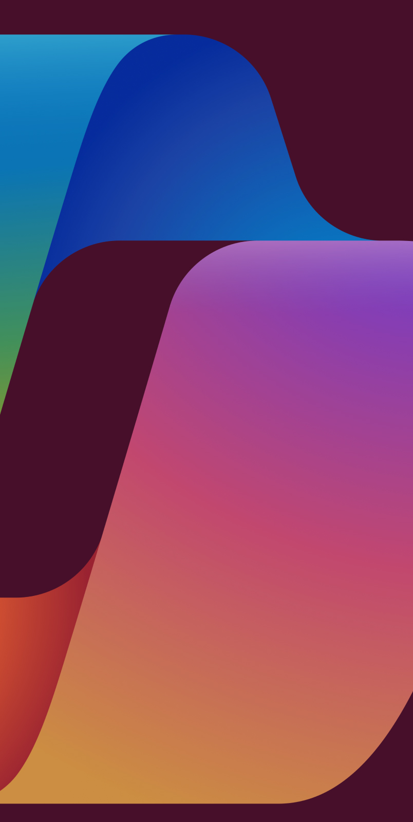 Abstract geometric design featuring smooth, overlapping curves with a gradient color scheme transitioning from blue and green at the top to orange, pink, and purple at the bottom, set against a deep maroon background.