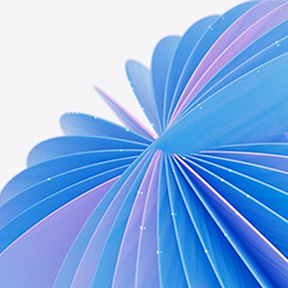 Abstract image of overlapping translucent sheets in shades of blue and purple, resembling a stylized flower or spiral. The layers create a sense of depth and motion against a light background.