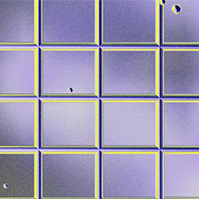 A grid of square tiles with a purple hue and yellow outlines. A few tiles have small circular indentations or droplets on their surfaces. The lighting creates a subtle gradient effect across the tiles.