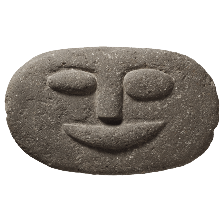 A smooth, oval-shaped gray stone features a simple carved face with closed eyes, a straight nose, and a gentle smiling mouth. The background is plain white.