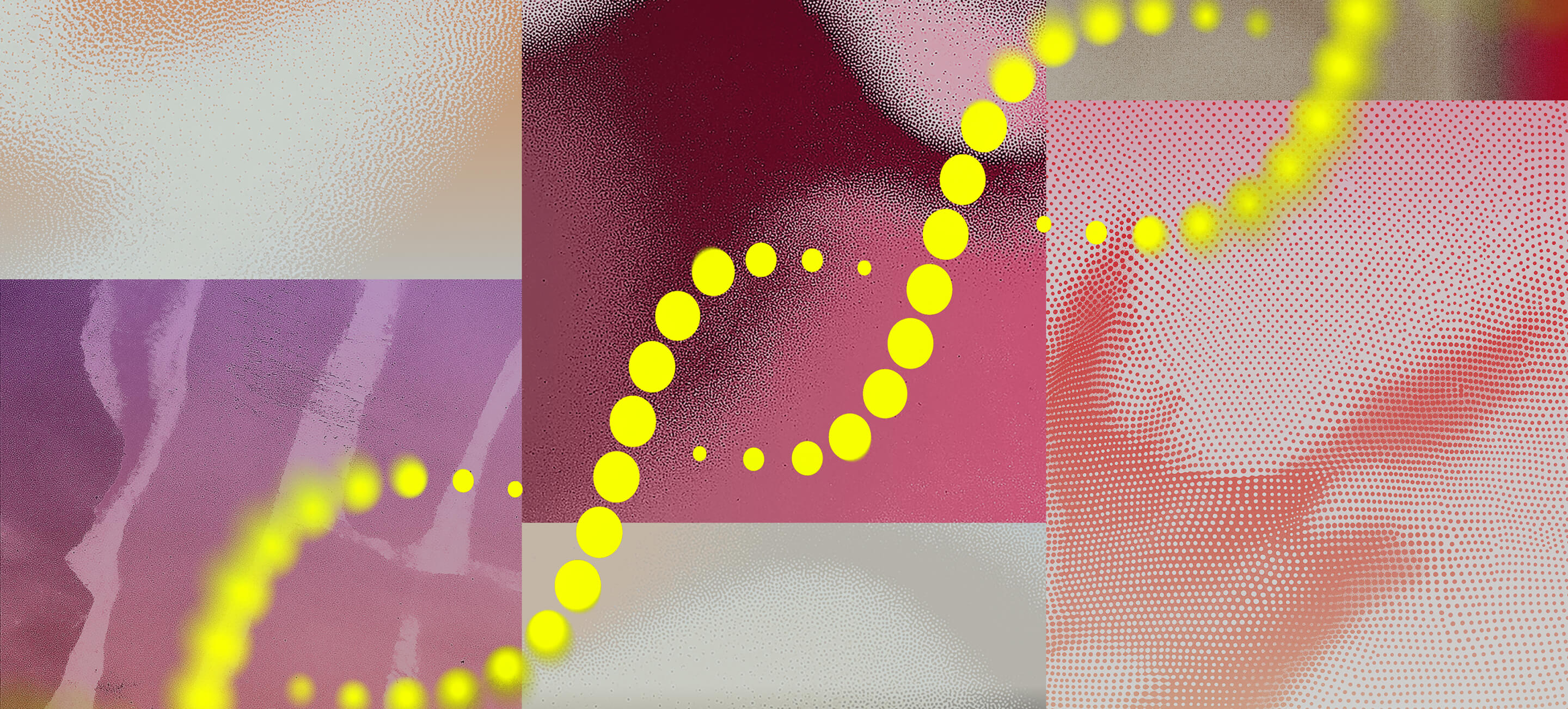 Abstract artwork featuring a yellow dotted spiral resembling a DNA helix overlaying textured squares in shades of pink, red, cream, and purple with varied patterns and gradients.