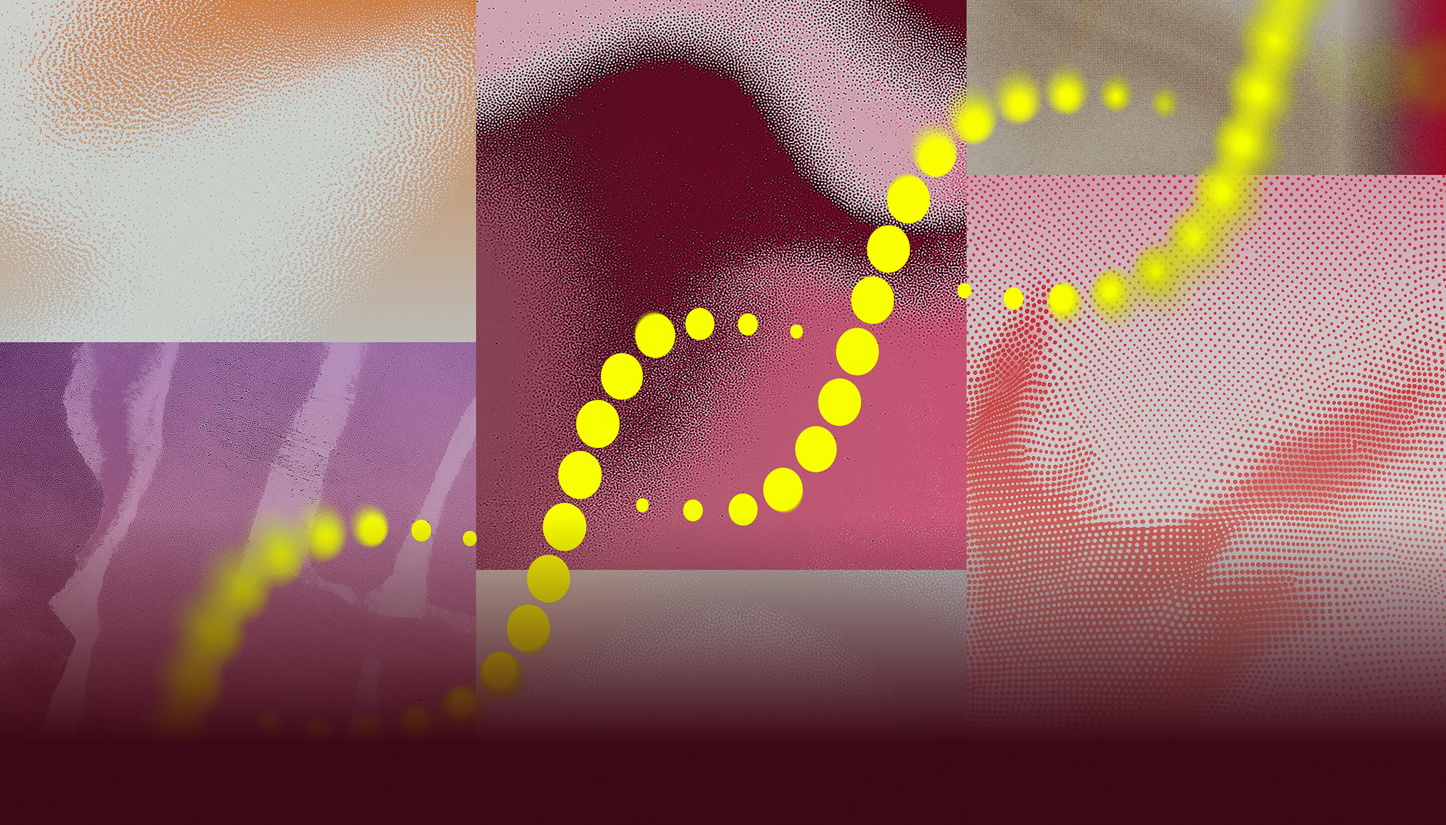 A digital collage of colorful abstract textures in red, purple, and beige with a glowing yellow spiral of dots winding across the image.