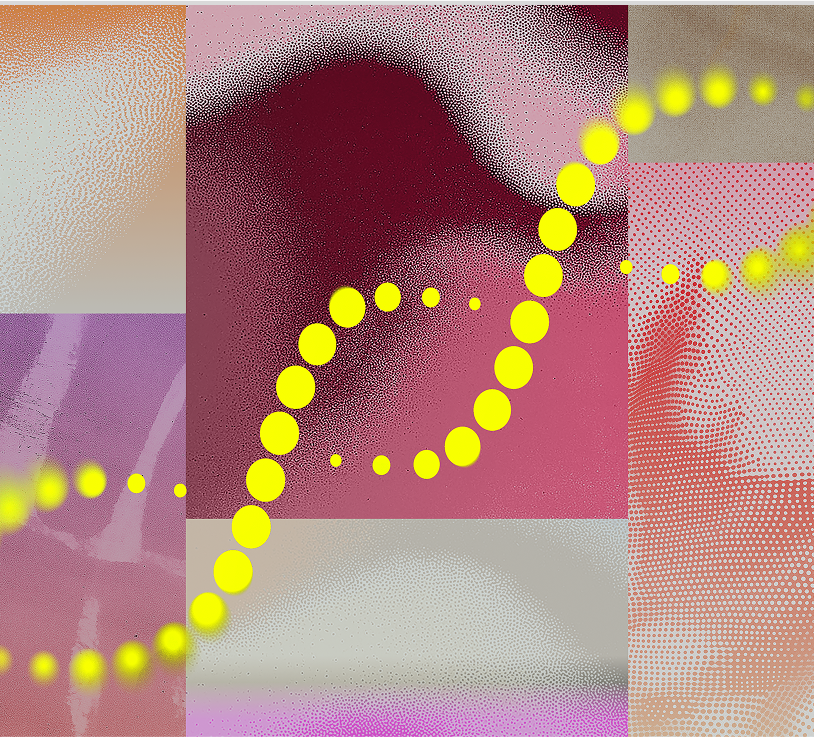 Abstract digital artwork featuring rectangles in pink, purple, beige, and red tones with a diagonal trail of bright yellow dots crossing the image from the bottom left to upper right.