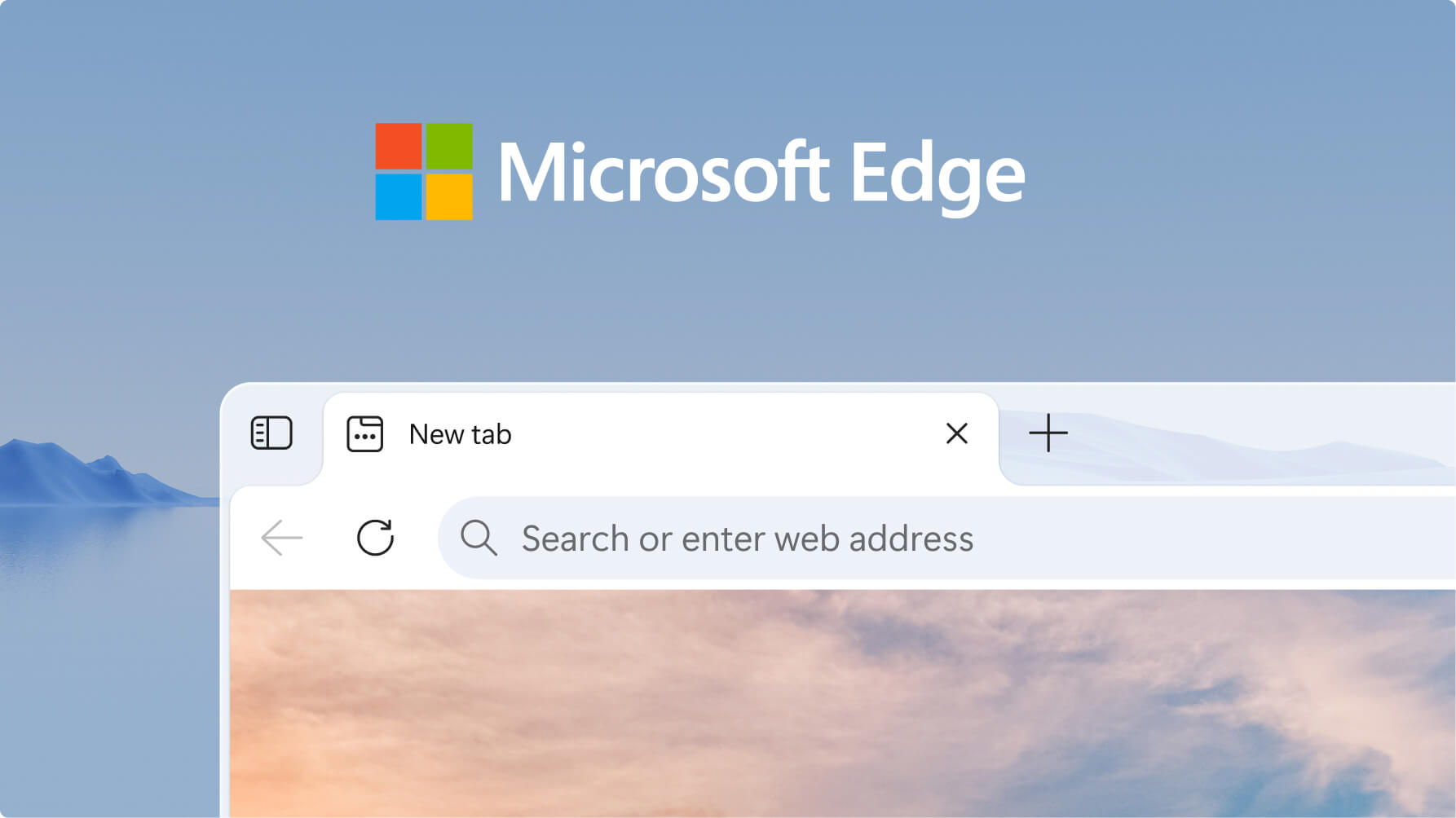 A promotional image for Microsoft Edge featuring the Edge browser window with a search bar, tabs, and a scenic background, along with the Microsoft Edge logo and name above.