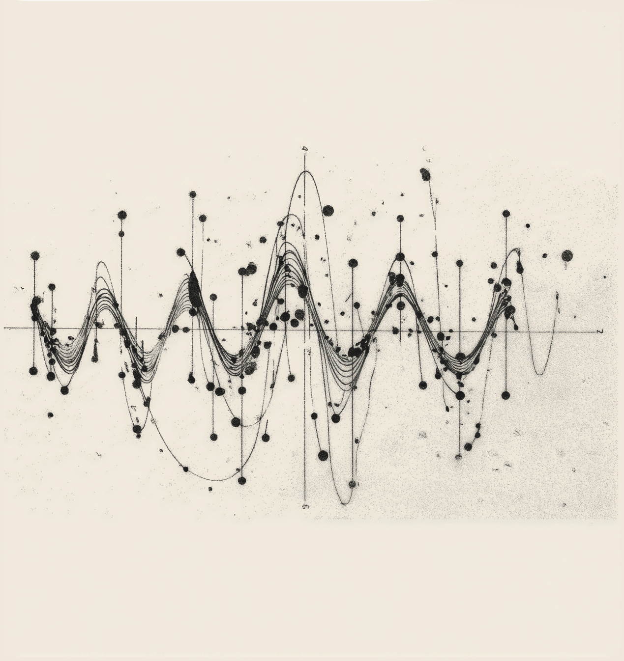 Abstract black lines with wave-like patterns, intersected by various curved and straight lines, dots, and circles, resembling a stylized scientific graph or sound wave on a light background.