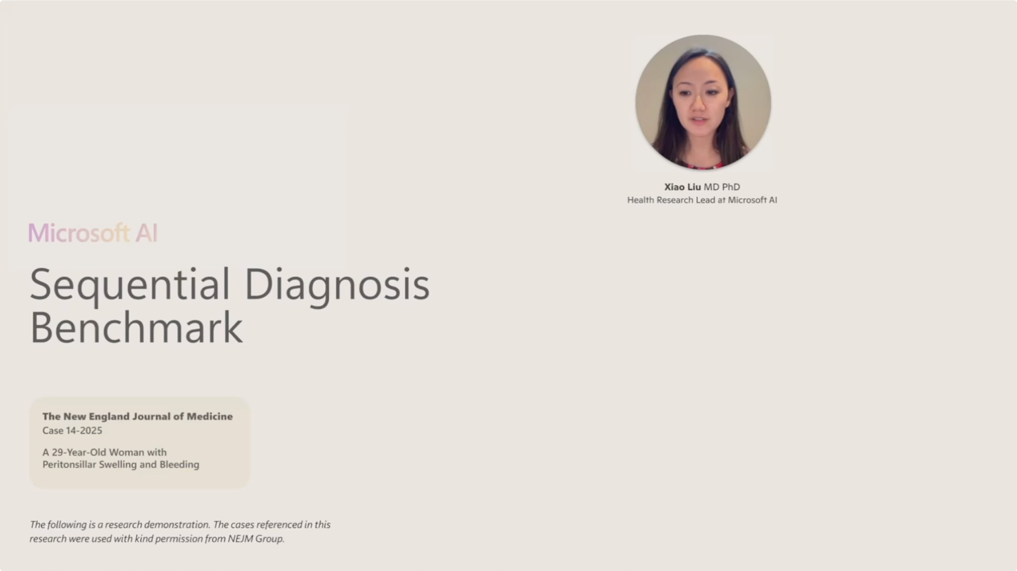 A presentation slide titled "Sequential Diagnosis Benchmark" by Microsoft AI, featuring a circular photo of Xiao Liu, MD PhD, Health Research Lead at Microsoft AI, and a reference to The New England Journal of Medicine.
