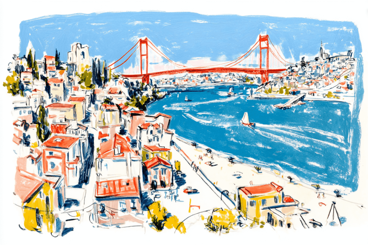 Colorful illustration of a coastal cityscape with red-roofed houses, a wide blue river, boats, and a large red suspension bridge spanning the water under a bright sky.