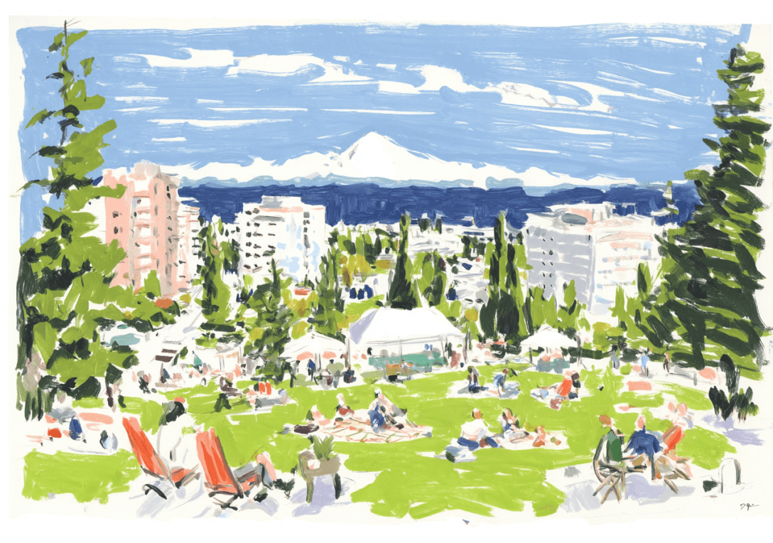 Colorful illustration of people relaxing on a grassy hill in an urban park with tall buildings, trees, and a snow-capped mountain in the background under a blue sky with clouds.