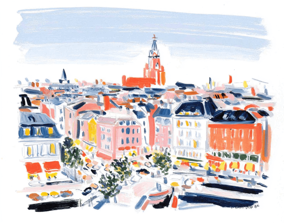 Colorful painting of a European cityscape with red and pink buildings, trees lining the streets, and a tall church tower in the background under a light blue sky.