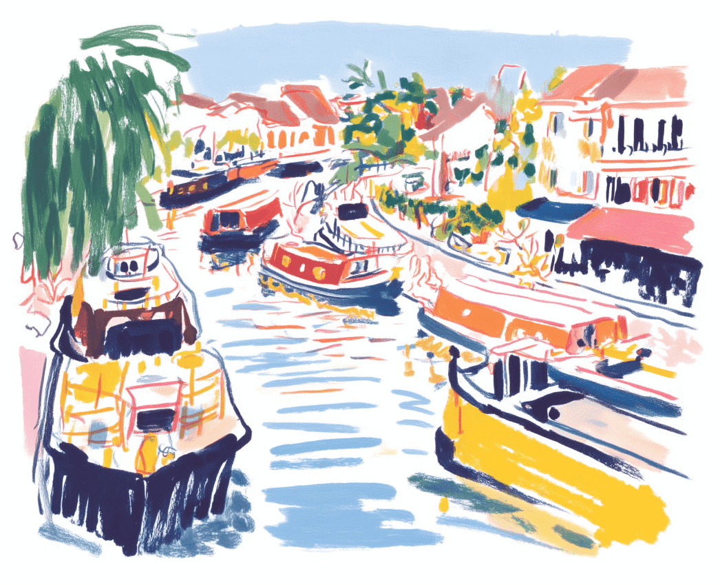 Colorful illustration of a lively canal with narrowboats, leafy trees, and buildings on both sides. The scene features bright shades of blue, pink, yellow, and green, creating a cheerful, summery atmosphere.
