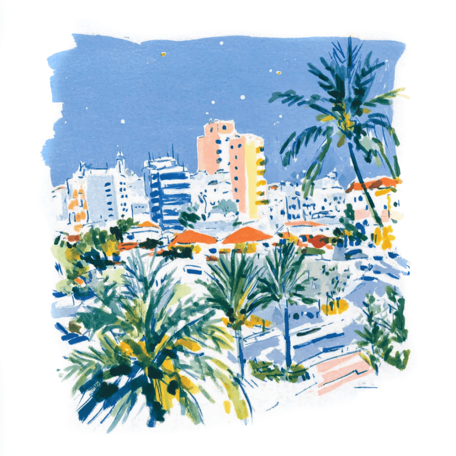 Watercolor illustration of a sunny cityscape with tall buildings, palm trees, and a clear blue sky. The scene is lively, with greenery and orange rooftops adding vibrant color to the urban landscape.