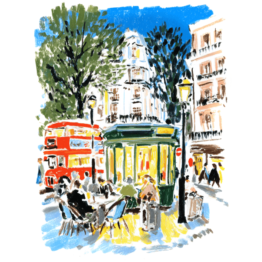 Colorful illustration of an outdoor café scene with people sitting at tables, a red double-decker bus, green kiosk, street lamps, tall buildings, and leafy trees under a bright, blue sky.