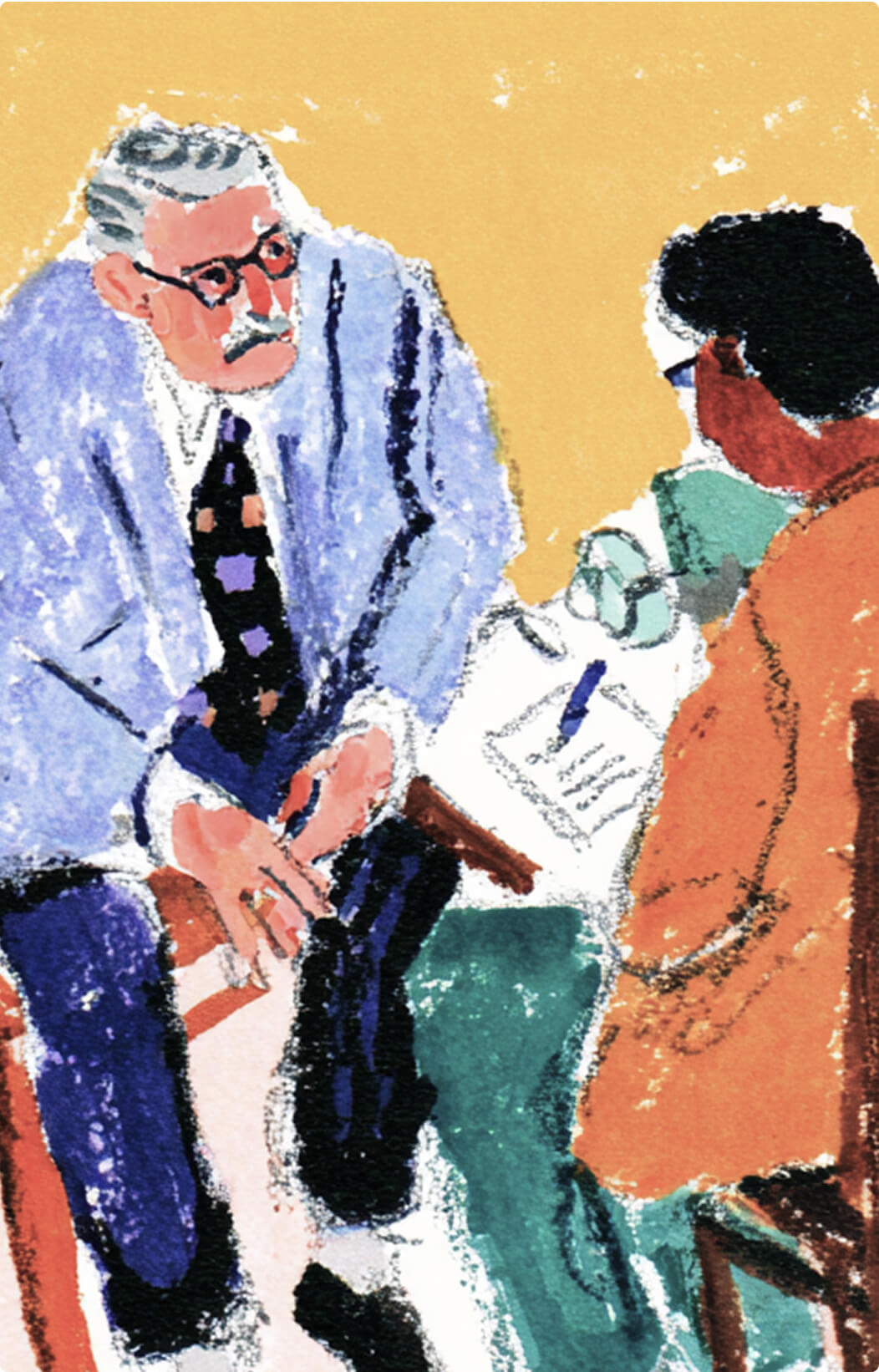 Two people sit across from each other having a conversation. One, with gray hair and a mustache, wears a blue suit; the other, with dark hair and glasses, wears an orange jacket. A notebook and pen are on the table between them.
