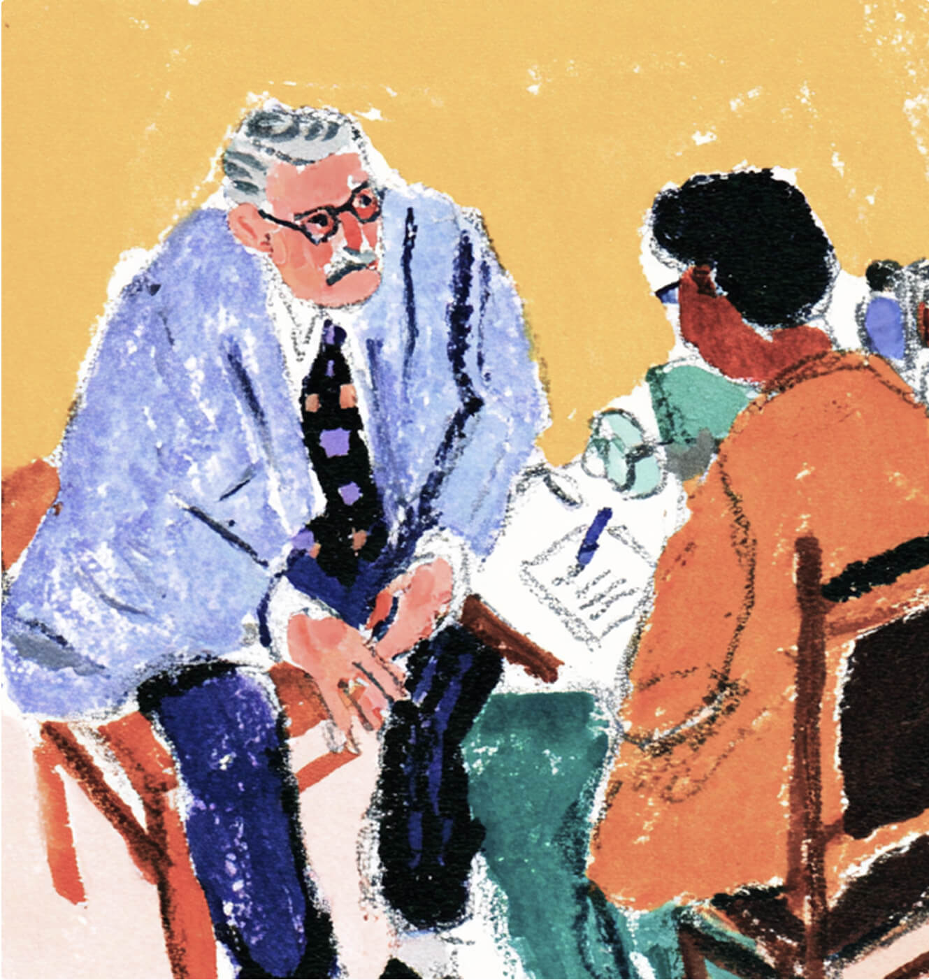 An illustration of two people seated and talking across a table. One has gray hair, glasses, and a blue jacket, while the other has dark hair and wears an orange top, writing on a notepad. The background is yellow.