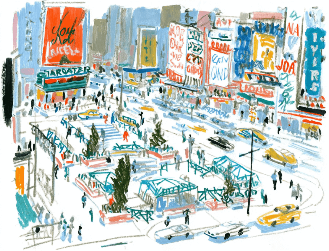 Colorful sketch of a busy city square with crosswalks, taxis, people walking, green spaces, and tall buildings filled with bright billboards and advertisements.