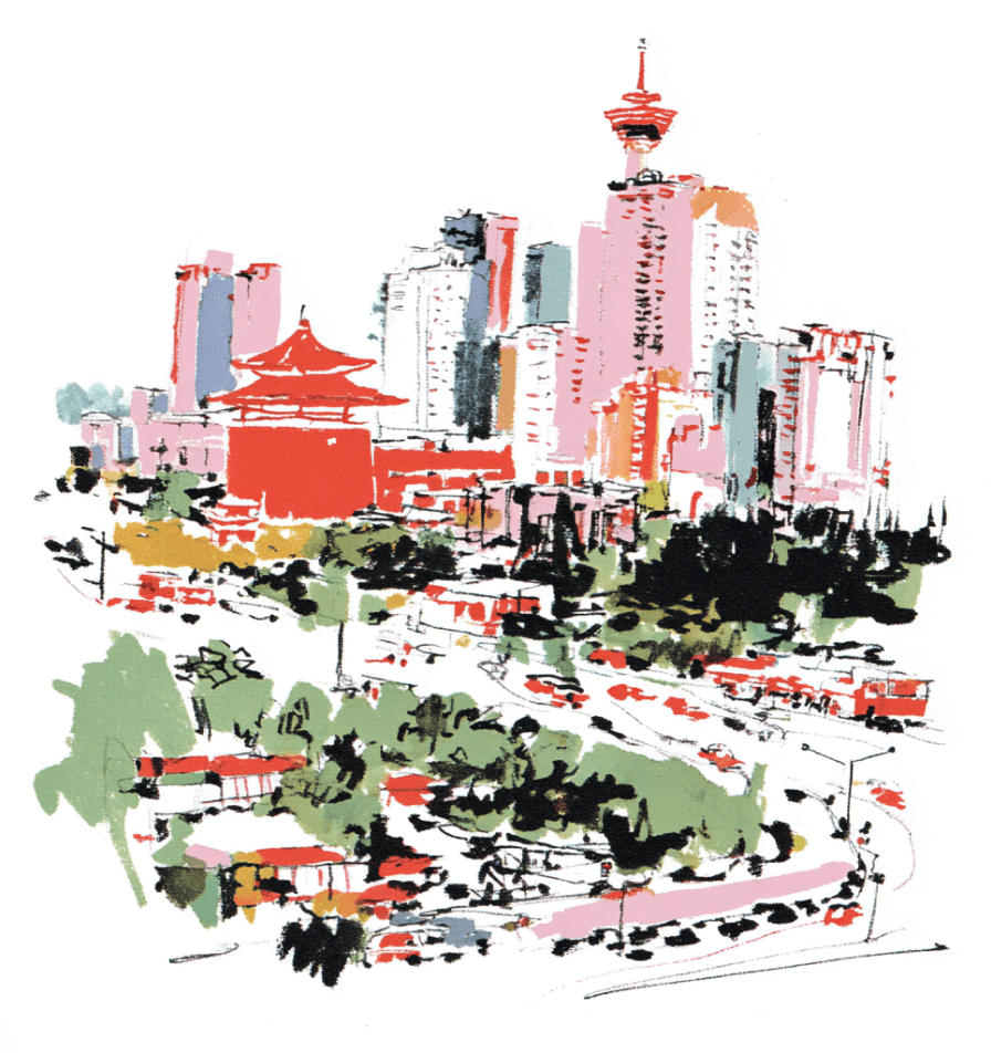 A colorful sketch of a cityscape featuring modern skyscrapers, a tall tower, traditional pagoda-style buildings, and tree-lined streets bustling with cars.