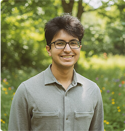 A person with short dark hair and glasses, wearing a light gray collared shirt, smiles while standing outdoors in a sunlit, green, and flowery natural setting.