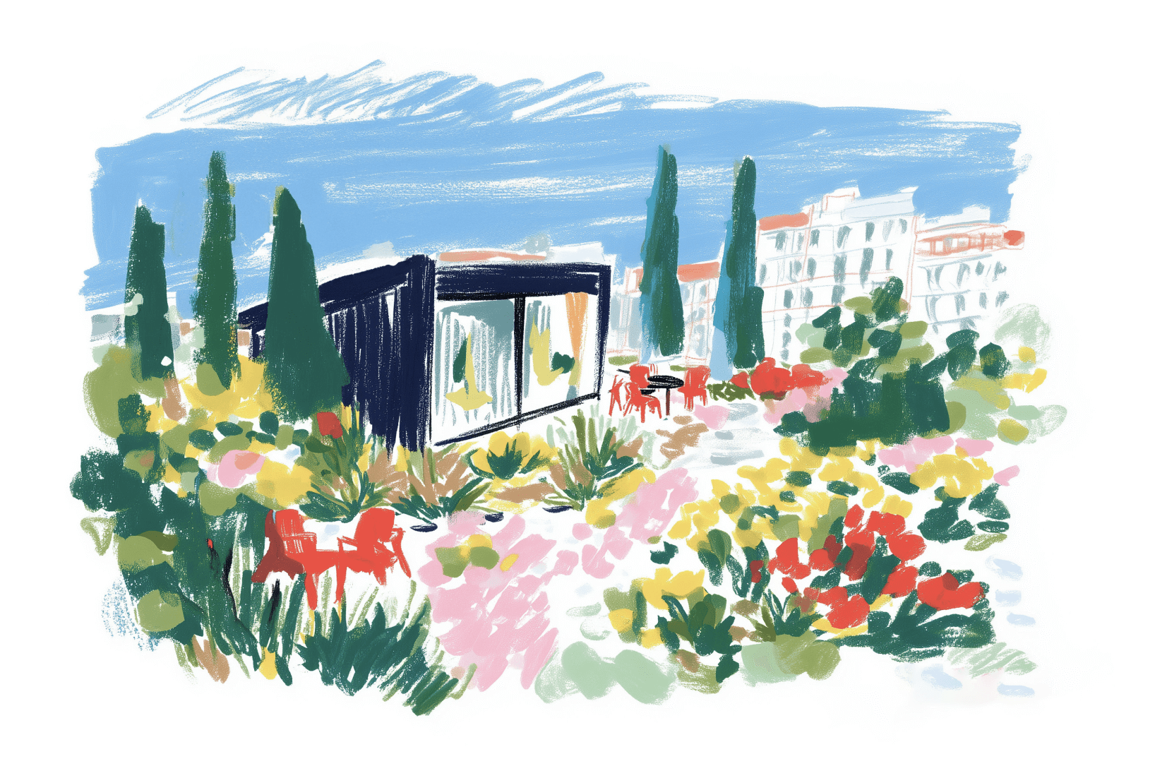 A colorful illustration of a modern black building surrounded by vibrant, blooming gardens with red chairs and tall trees. White buildings are visible in the background under a blue sky.