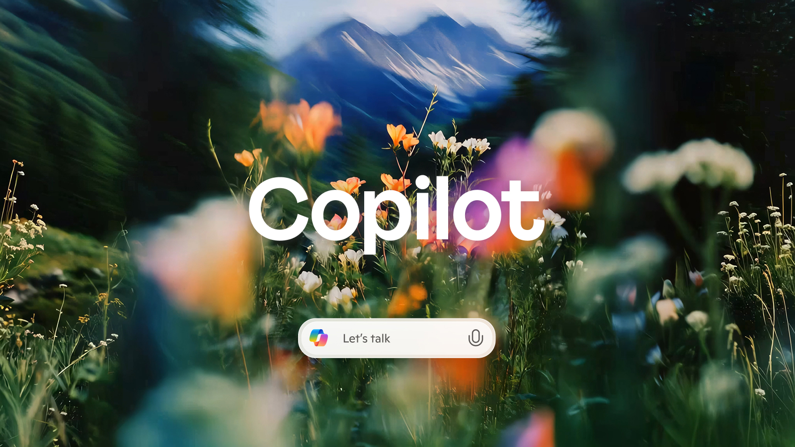 A blurred image of wildflowers and mountains with the word "Copilot" in large white text. Below is a search bar with a colorful icon and the phrase "Let's talk," resembling a chat interface.