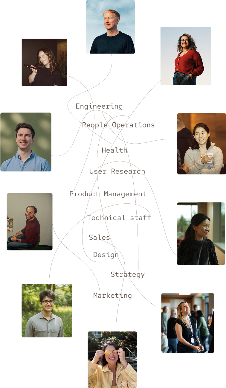 A collage of diverse people around a central list of job areas: Engineering, People Operations, Health, User Research, Product Management, Technical Staff, Sales, Design, Strategy, and Marketing, with lines connecting them.