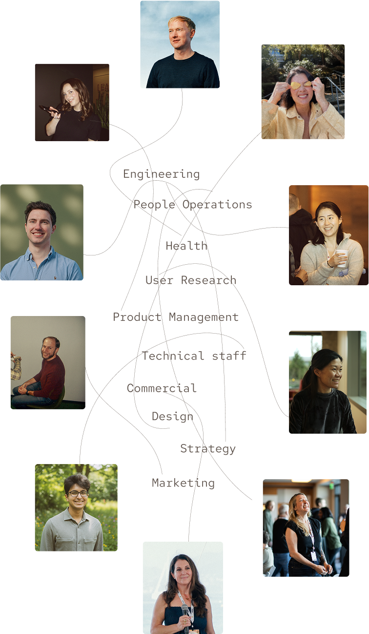 A collage of ten people arranged around a central list of roles—Engineering, People Operations, Health, User Research, Product Management, Technical staff, Commercial, Design, Strategy, and Marketing—connected by lines.