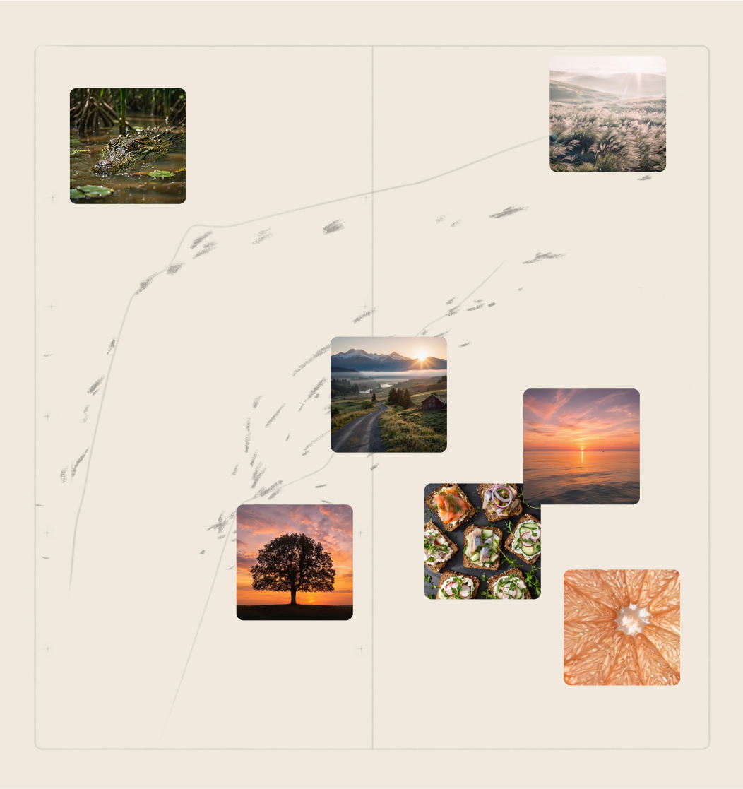 A collage of nine square photos on a beige background, including nature scenes, sushi, grapefruit, a tree at sunset, mountains, a field, water, and a sunset over the ocean. Thin lines connect some of the images.