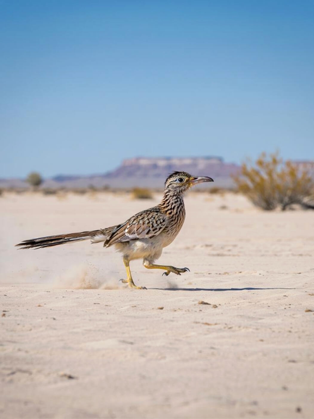 A roadrunner with brown and white streaked feathers runs across a sandy desert with sparse shrubs. A flat-topped mesa is visible in the background under a clear blue sky.