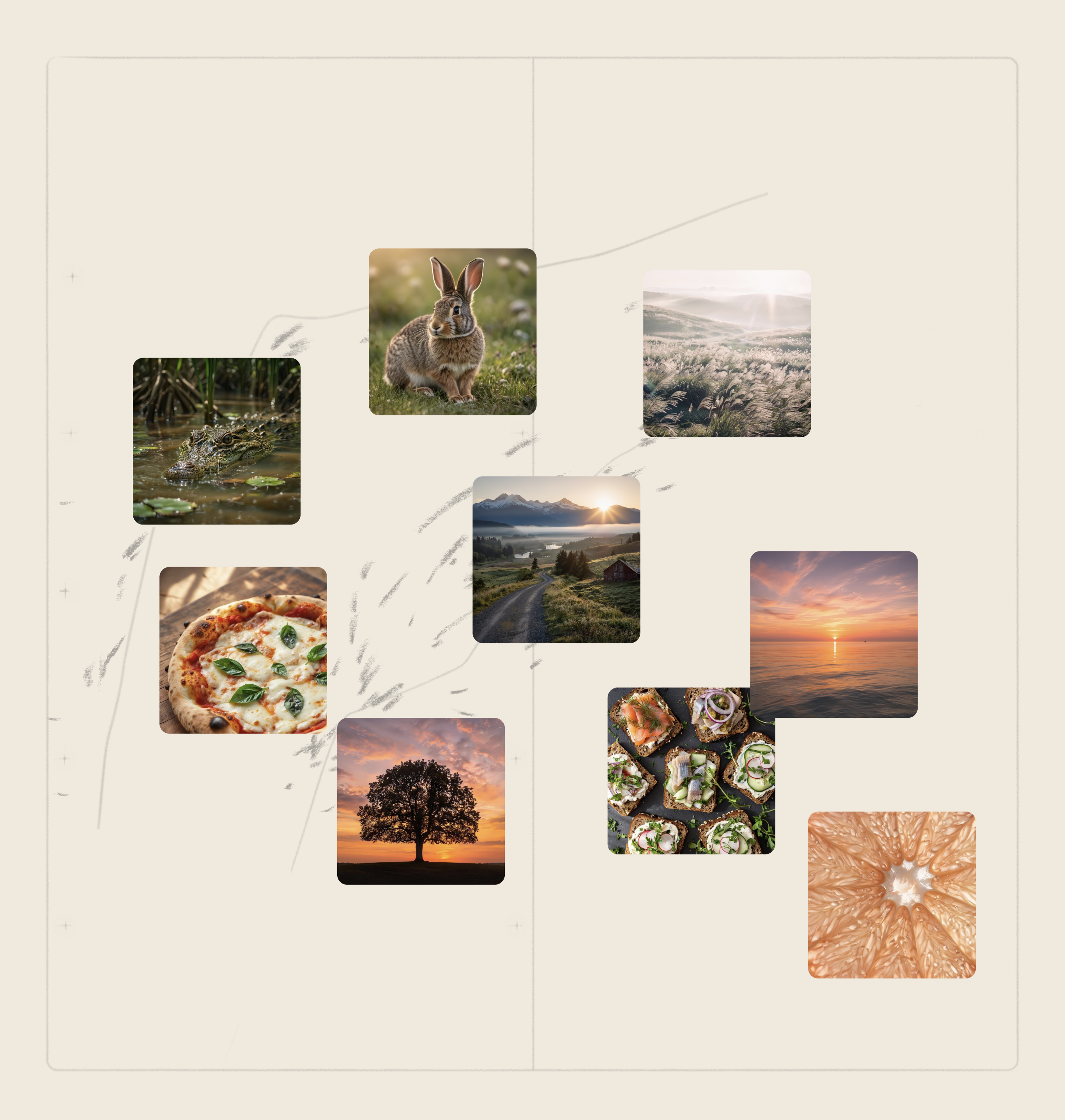 A collage of nine square photos, including a rabbit, grassy landscape, river with a frog, mountains, pizza, sunset, tree, sushi rolls, and an orange fruit slice, all arranged on a beige background.