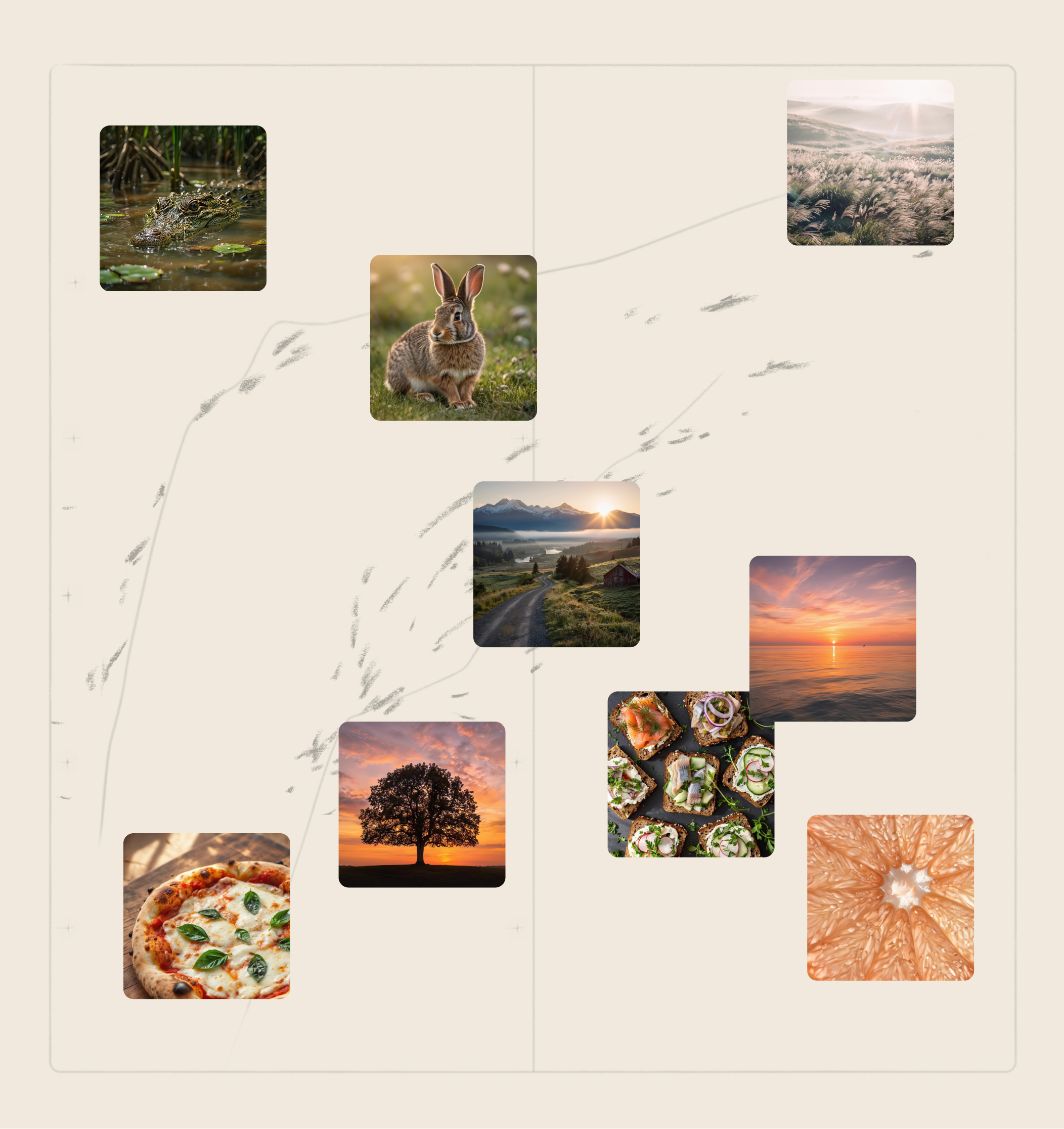 A collage featuring nature photos (a frog in water, a rabbit, mountains, fields, sunset, a tree) and food photos (pizza, sushi, a grapefruit slice), arranged in a grid on a light beige background.