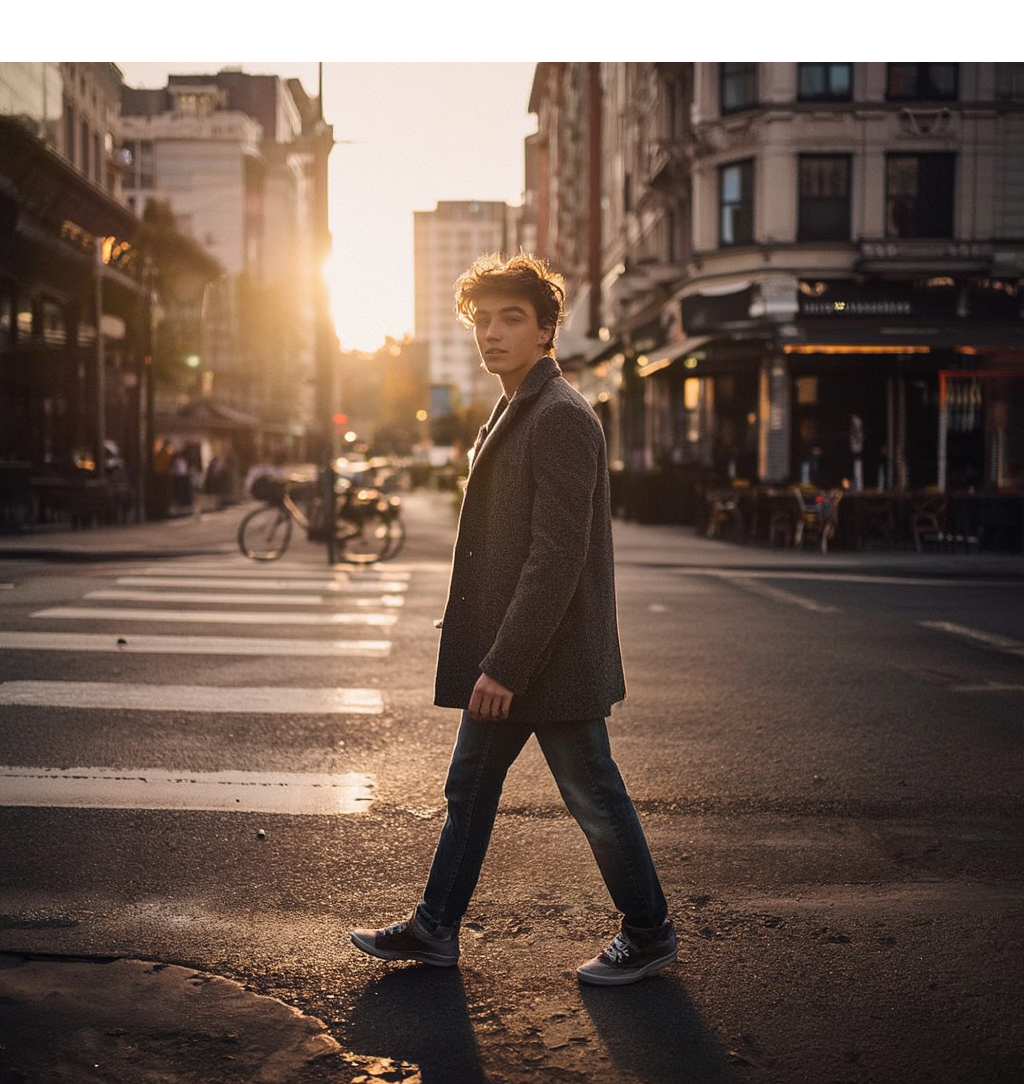 A young man in a coat and jeans walks across a city street at sunset, with buildings, a café, and a blurred cyclist in the background. Warm sunlight creates long shadows on the road.