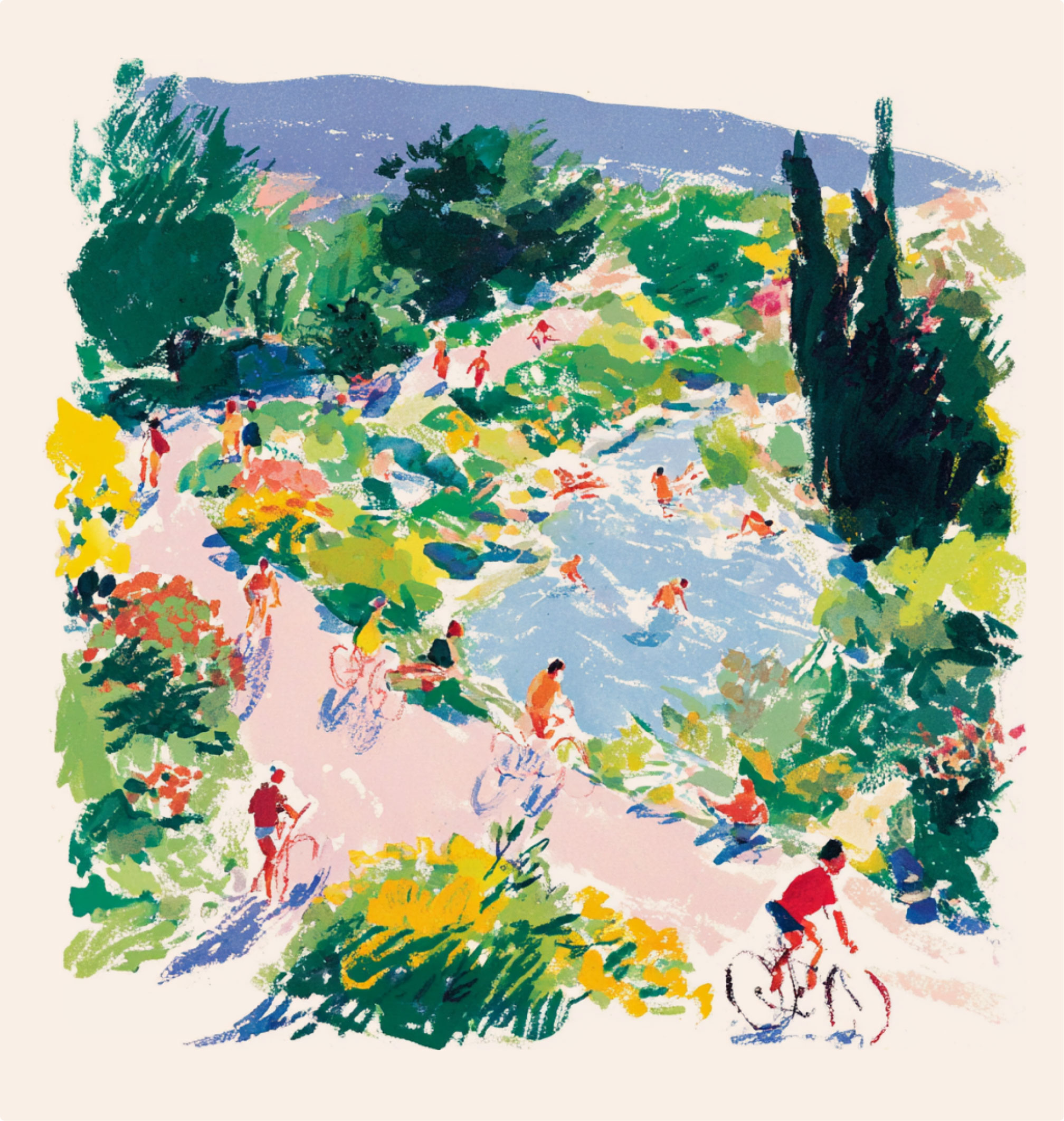 Colorful illustration of a lively park scene with people cycling on winding paths and swimming in a river, surrounded by vibrant greenery, flowers, and trees under a clear sky.