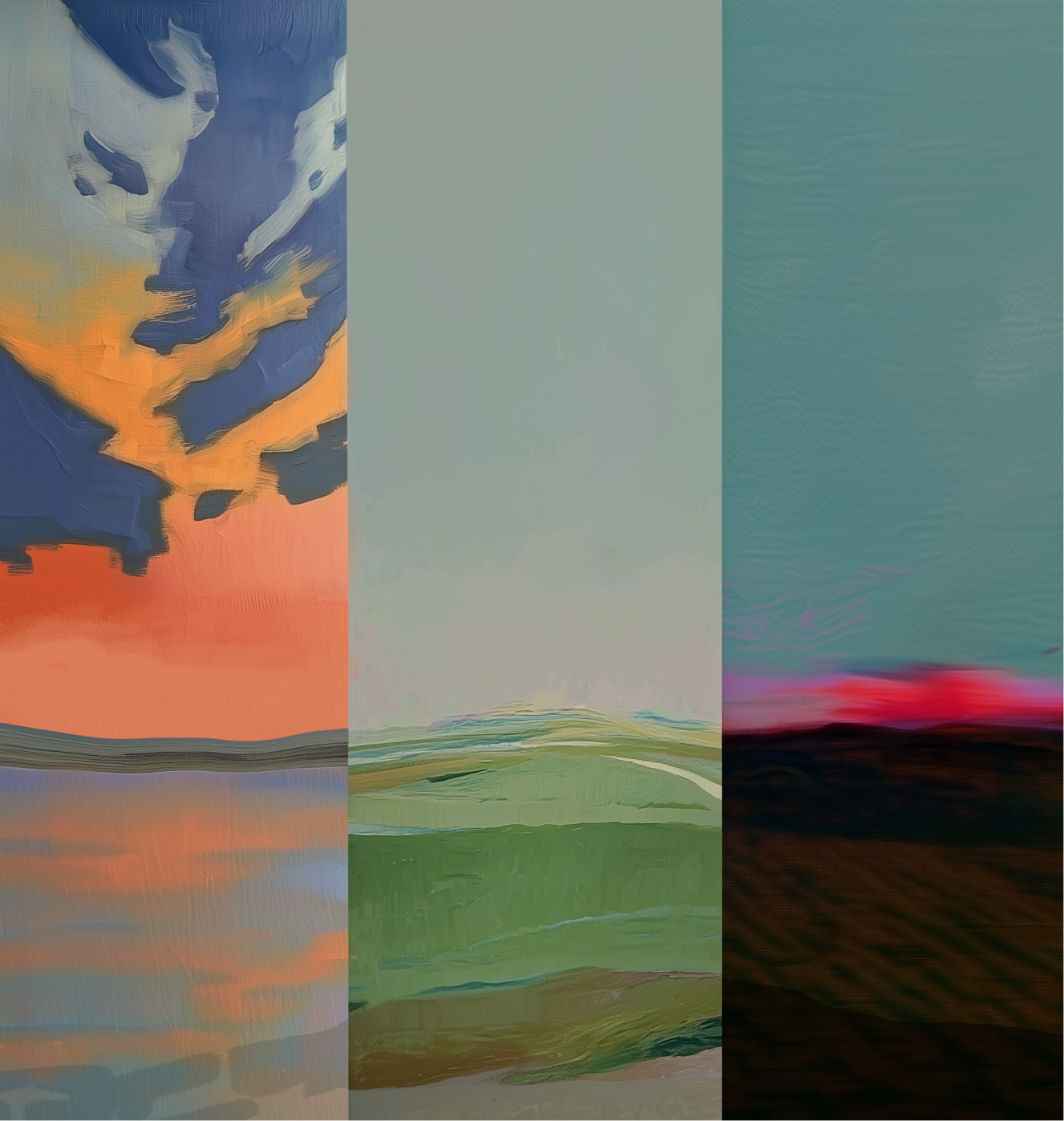 Abstract artwork divided vertically into three sections: left shows a colorful sunset sky over water, middle depicts soft green hills under a pale sky, and right features dark land with a streak of vivid pink on the horizon.