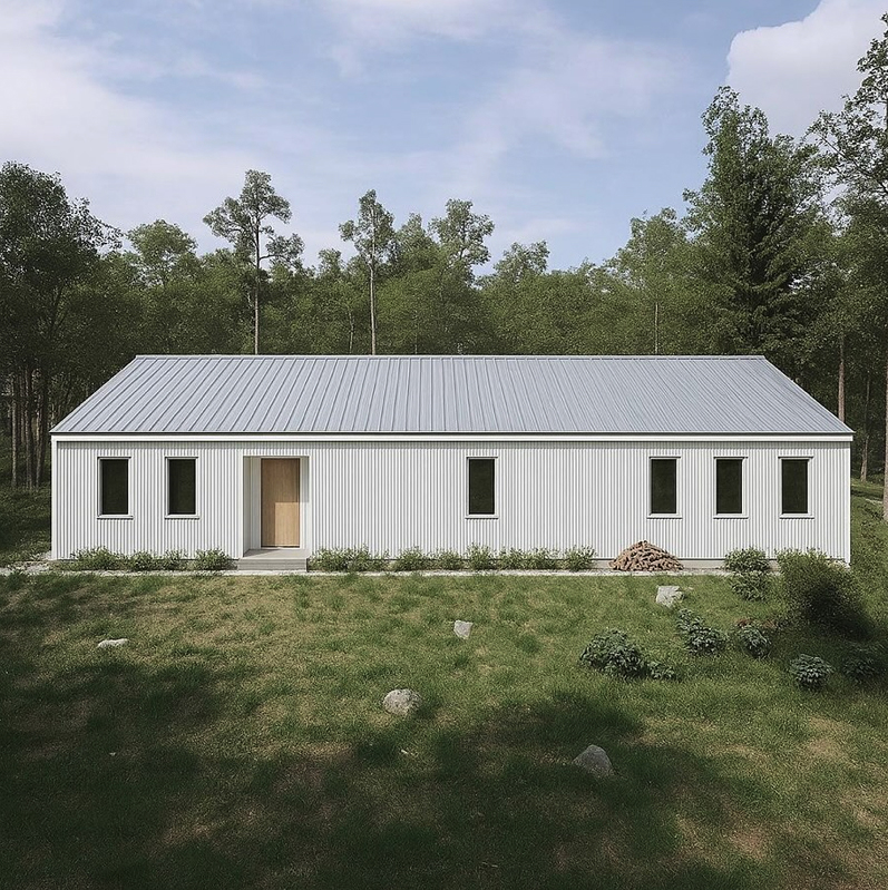 A modern, single-story house with white vertical siding and a metal roof stands in a grassy yard, surrounded by trees under a partly cloudy sky. The front door is wooden and centered, with several windows along the facade.