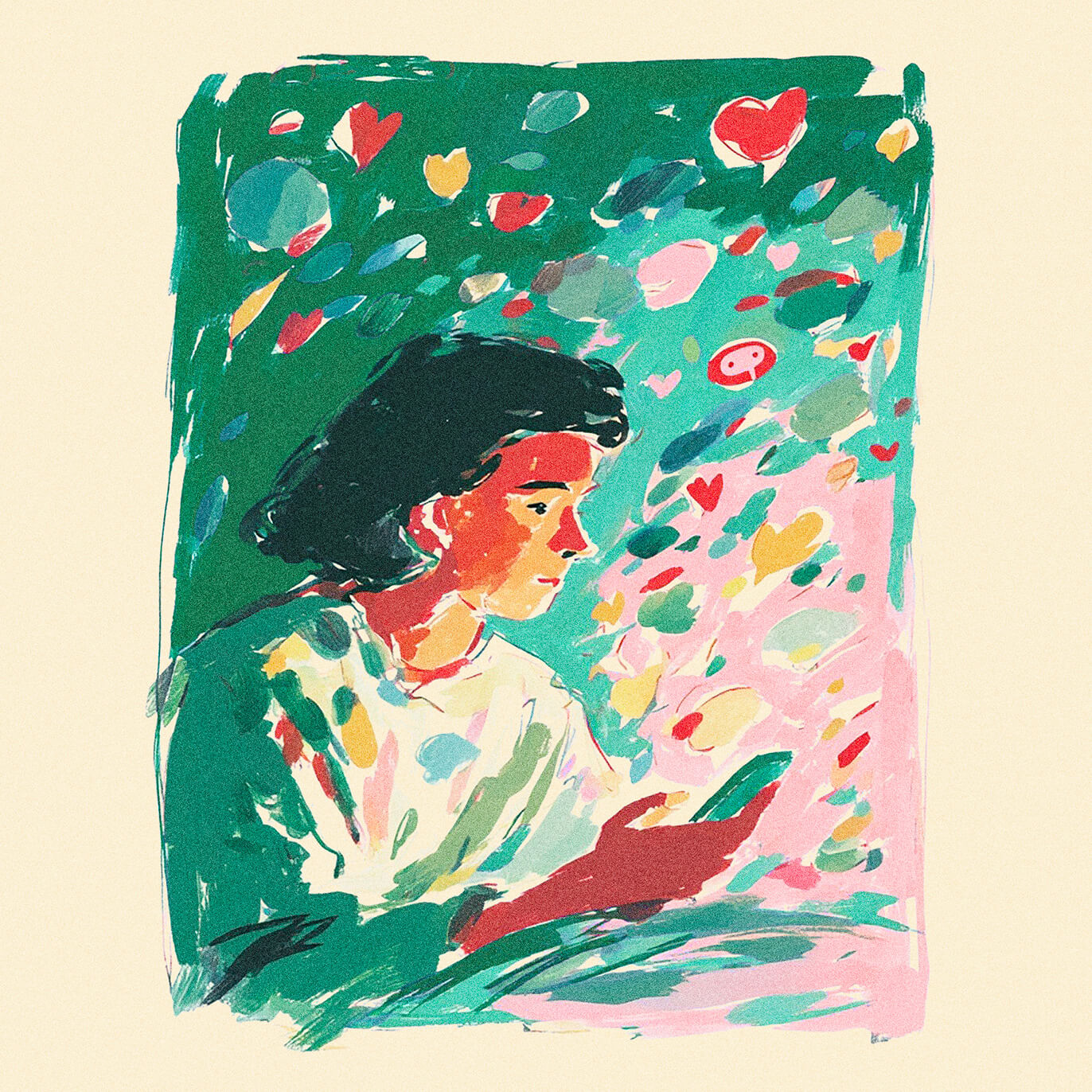 A colorful, painterly illustration of a person holding a phone, looking at the screen. Heart and chat icons float around them, suggesting they are engaging with social media or messages. The background is filled with vibrant shapes.