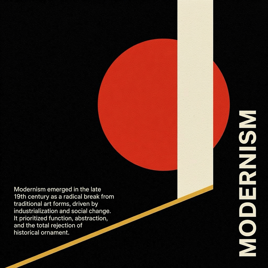 Abstract modernist design with a red circle, beige vertical and diagonal lines on a black background. Bold text "MODERNISM" appears vertically on the right, with a brief definition in white text on the lower left.