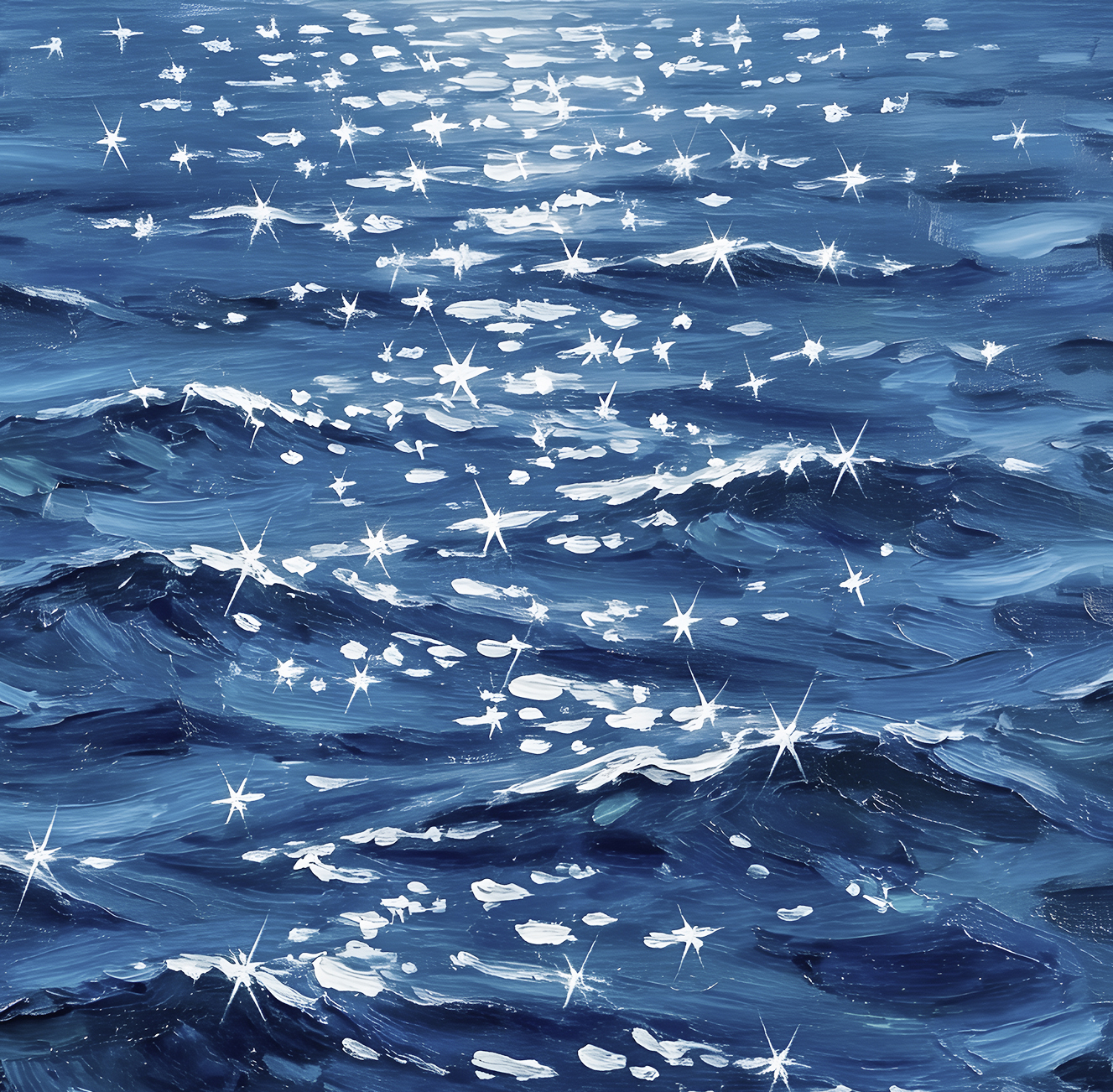 A digital painting of the ocean with deep blue waves, where sunlight reflects off the water as bright, sparkling white stars scattered across the surface.