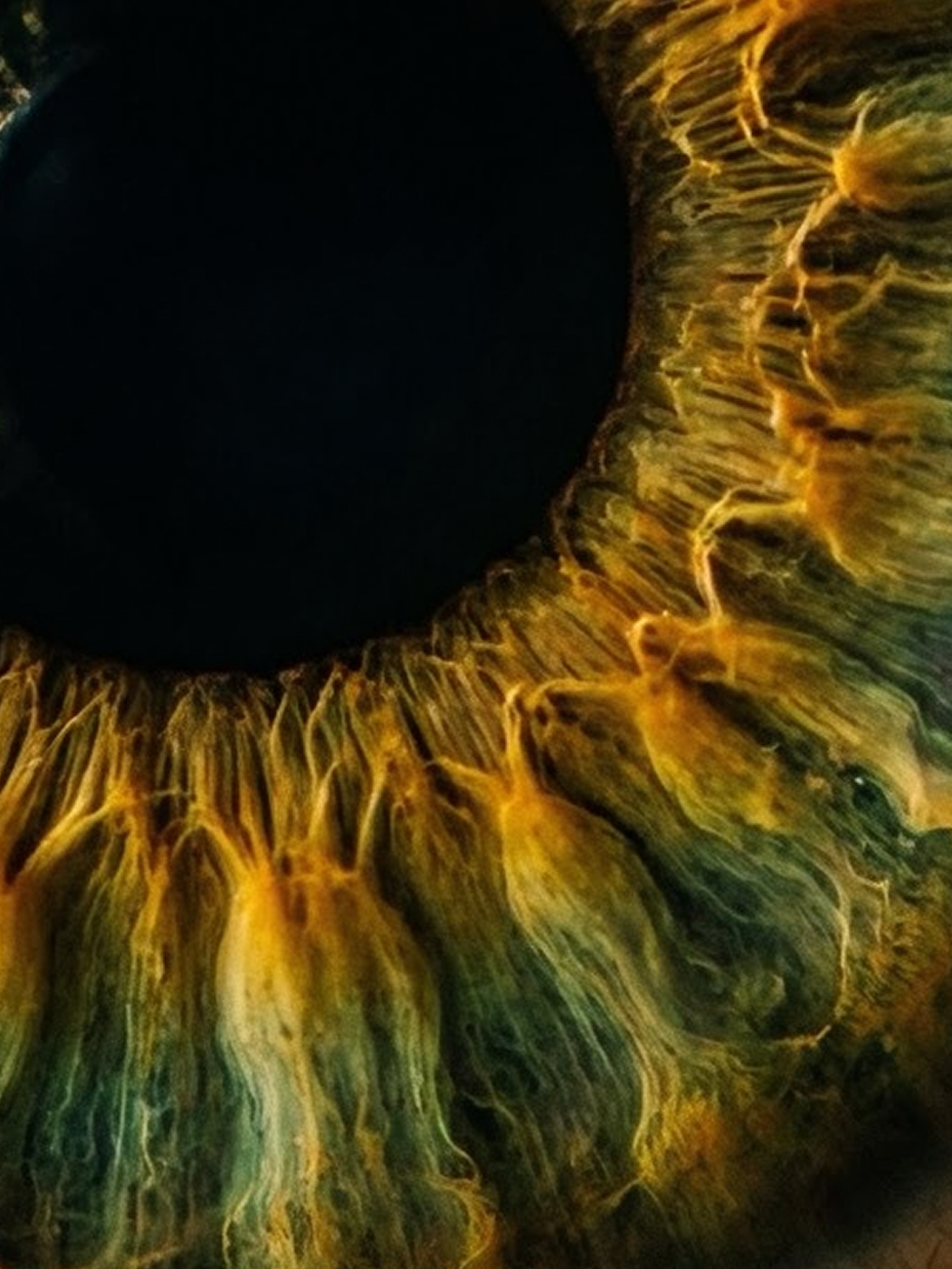 Close-up of a human eye's iris, showing detailed, radiating yellow and brown fibers around the dark black pupil. The intricate patterns and vivid colors create a dramatic, abstract effect.