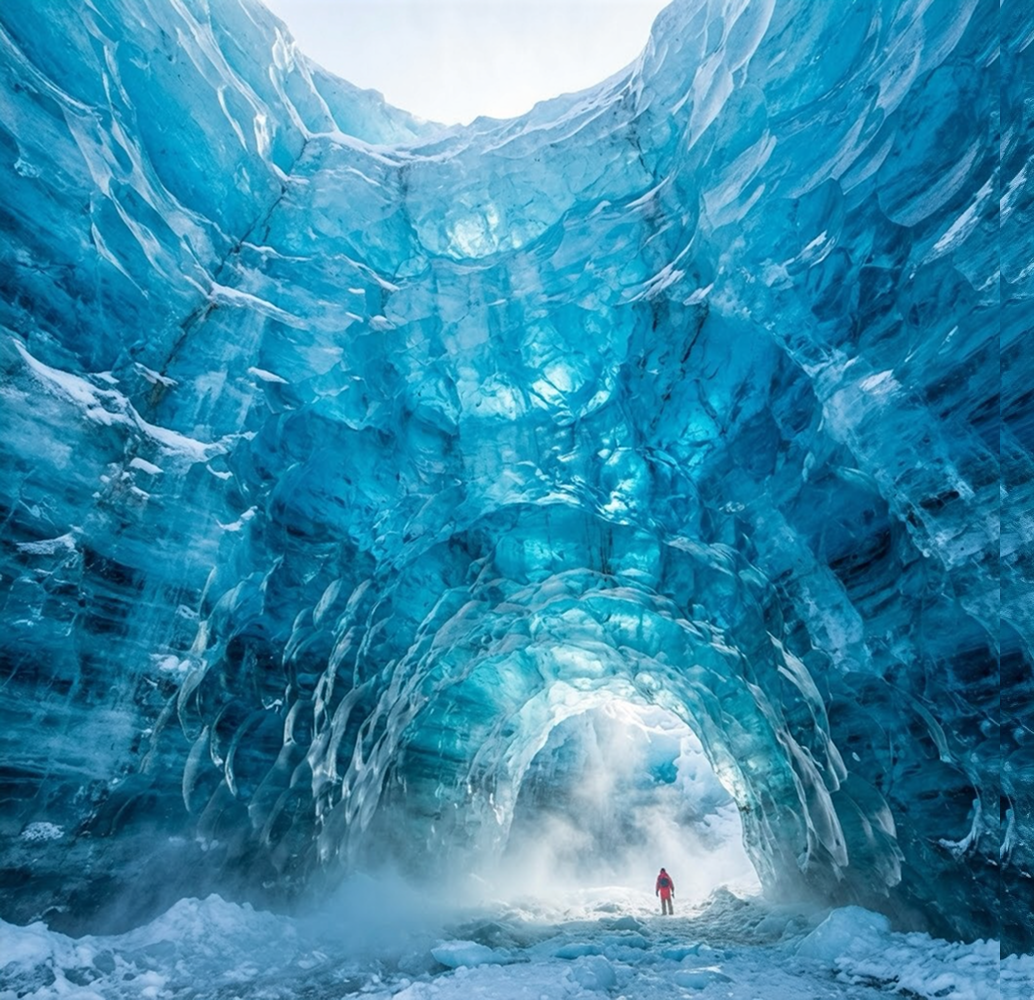 A person in red winter gear stands inside a massive blue ice cave, surrounded by textured, translucent ice walls and illuminated by sunlight streaming through the arching entrance above.