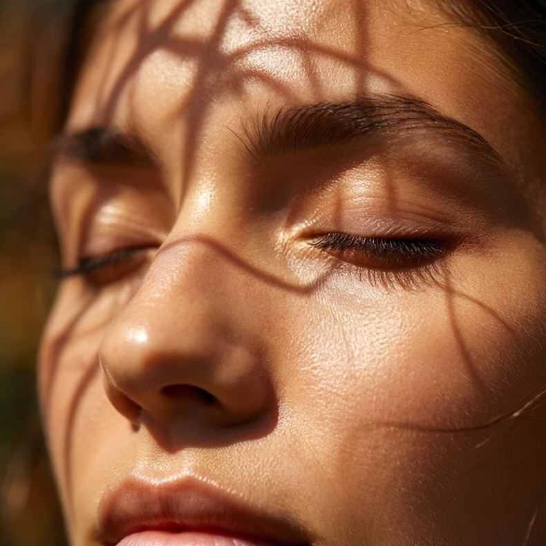A close-up of a person's face with closed eyes, soft sunlight illuminating their skin. Shadows from nearby branches or leaves create intricate patterns across their face.