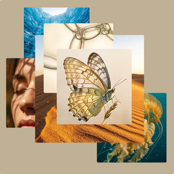 A collage of five overlapping images: an icy glacier, flowing bubbles, a woman with closed eyes in sunlight, a butterfly on sand, and a jellyfish swimming underwater, set against a beige background.