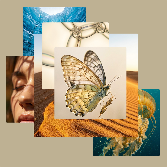 A collage of five overlapping images: an icy glacier, flowing bubbles, a woman with closed eyes in sunlight, a butterfly on sand, and a jellyfish swimming underwater, set against a beige background.