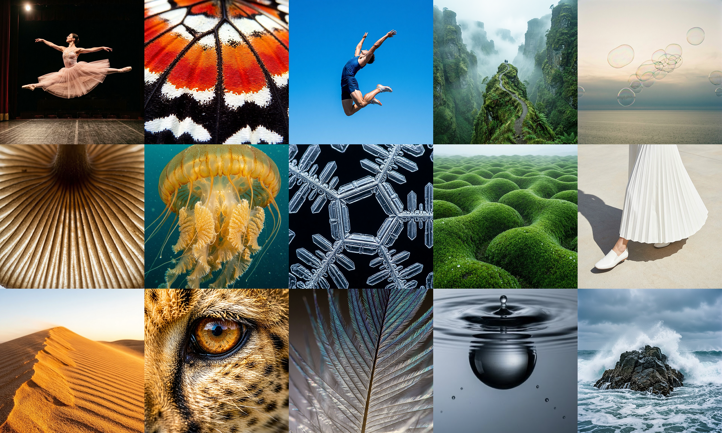 A collage of 16 diverse images, including a ballerina, butterfly wing, person jumping, misty mountains, bubbles over water, seashell, jellyfish, snowflake, green hills, pleated skirt, sand dunes, animal eye, feather, water drop, and ocean waves.