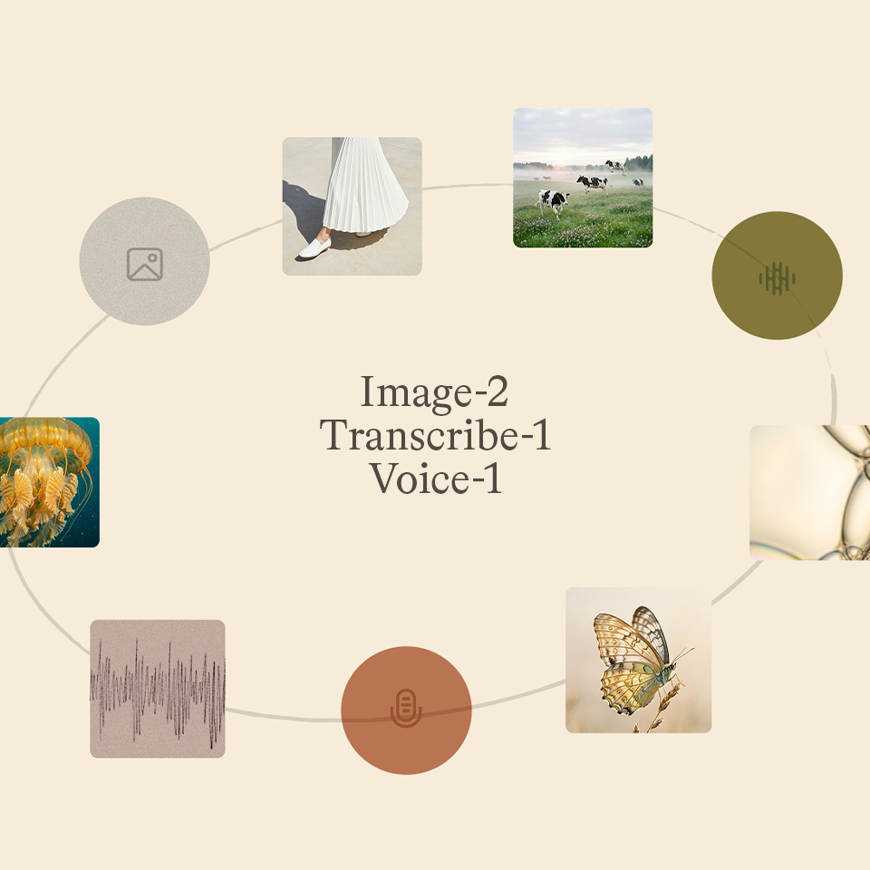 A circular arrangement of six images and icons around text reading "Image-2, Transcribe-1, Voice-1" on a beige background. Images include a skirt, cows, jellyfish, a butterfly, soundwaves, and microphones.