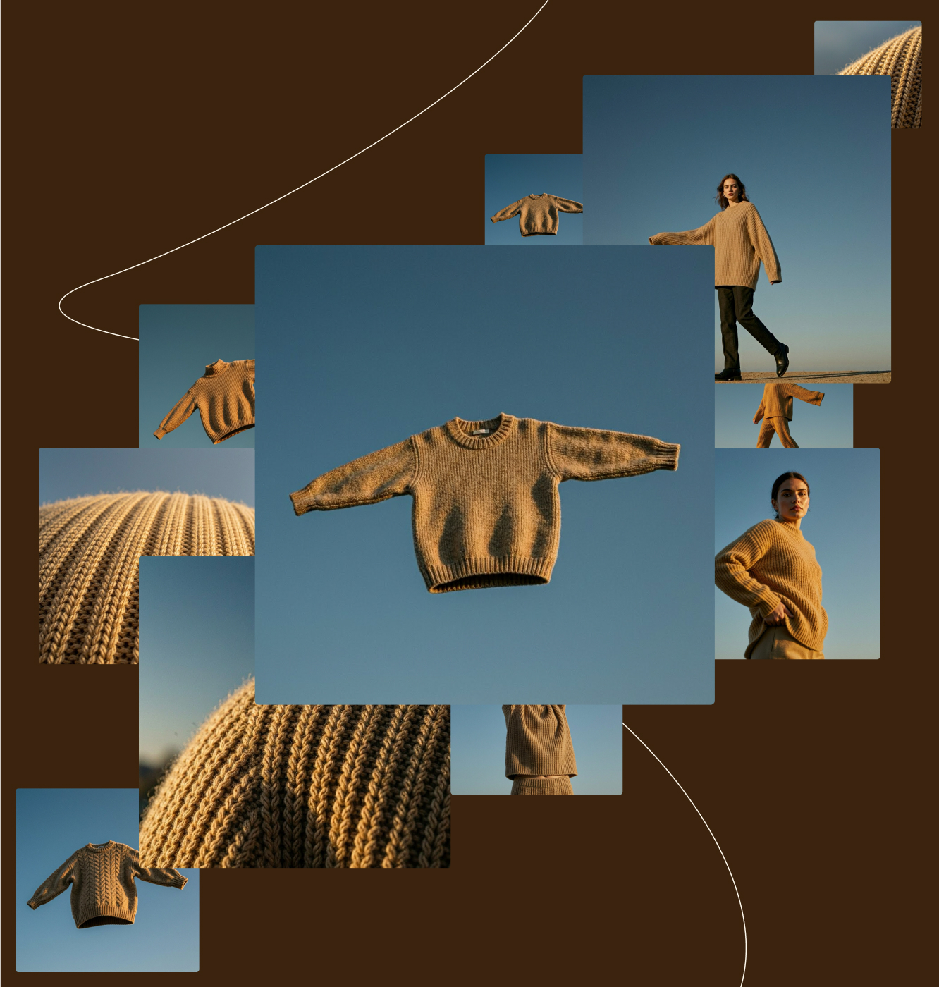 A collage featuring a beige knitted sweater against a blue sky, close-up texture shots, and a person wearing the sweater, all set on a brown background with curved white lines.