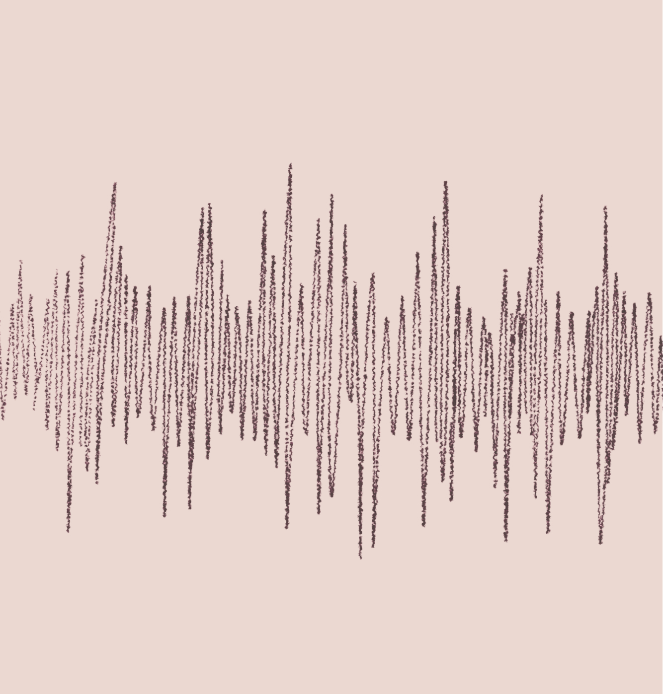 A hand-drawn soundwave pattern with jagged, vertical black lines of varying heights on a light pink background.