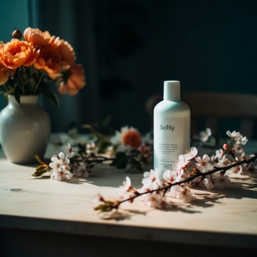 A bottle labeled "Sofily" sits on a wooden table decorated with peach flowers and a vase of orange blooms, bathed in warm sunlight with a shadowy background.