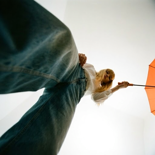 A woman stands holding an orange umbrella, photographed from a low angle. She wears a white blouse and blue jeans, with the background featuring a plain white wall.
